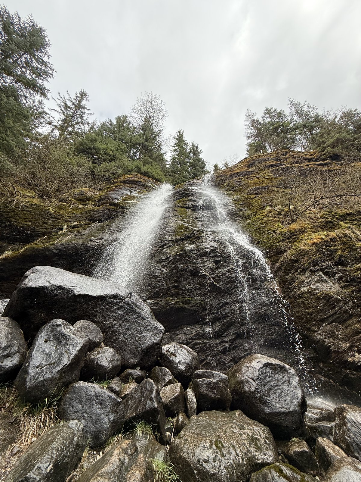 A thin waterfall sliding down dark mossy bedrock to a jumble of large wet boulders at its base, with evergreens above.