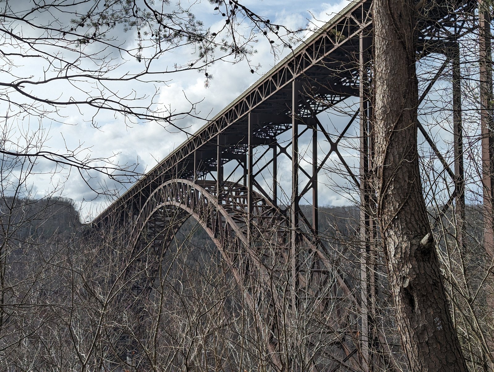 The steel arch of the New River Gorge Bridge seen through bare winter trees from the rim of the gorge under a gray, cloudy sky.