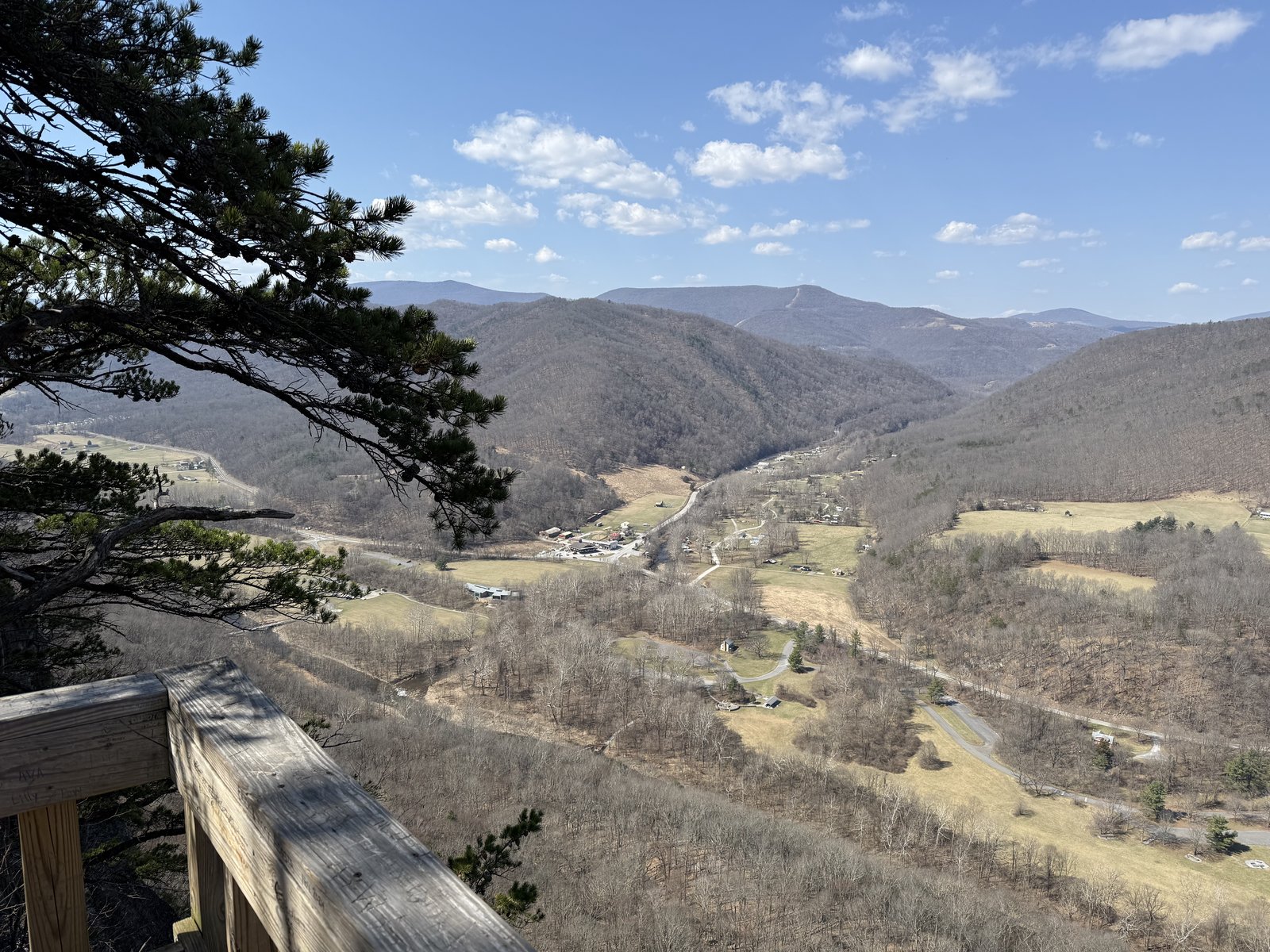 A view from a wooden observation platform over a valley of bare brown winter forest and farm fields, with distant ridges and a pine bough framing the left under a blue sky.